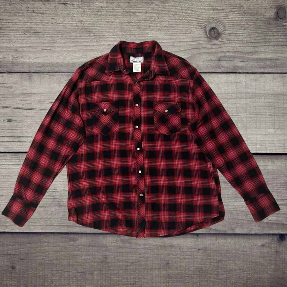 Vintage Wrangler Wrancher Western Flannel Pearl Snap Shirt Red Buffalo Plaid - Picture 1 of 8